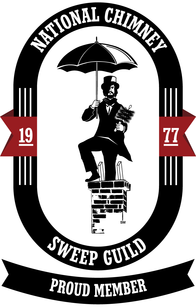 Man in suit ,wearing a top hat and holding an umbrella sitting on top of a brick chimney. NCSG national chimney sweep guild spelled out next to it.