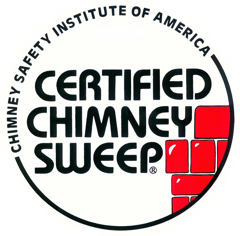 Circle logo that reads Chimney Safety Institute of America Certifed Chimney Sweep in black letters with drawing of red bricks in bottom right corner