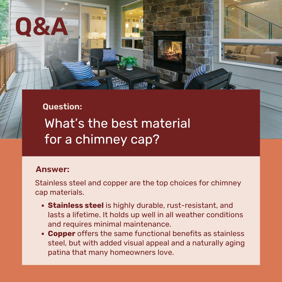 original Q&A graphic with a dark red overlay containing the question, "What's the best material for a chimney cap?" The background depicts a modern outdoor patio with comfortable seating and a large stone fireplace with a fire burning. The answer suggests that "Stainless steel and copper are the top choices for chimney cap materials." It elaborates that "Stainless steel is highly durable, rust-resistant, and lasts a lifetime. It holds up well in all weather conditions and requires minimal maintenance." It also states that "Copper offers the same functional benefits as stainless steel, but with added visual appeal and a naturally aging patina that many homeowners love."
