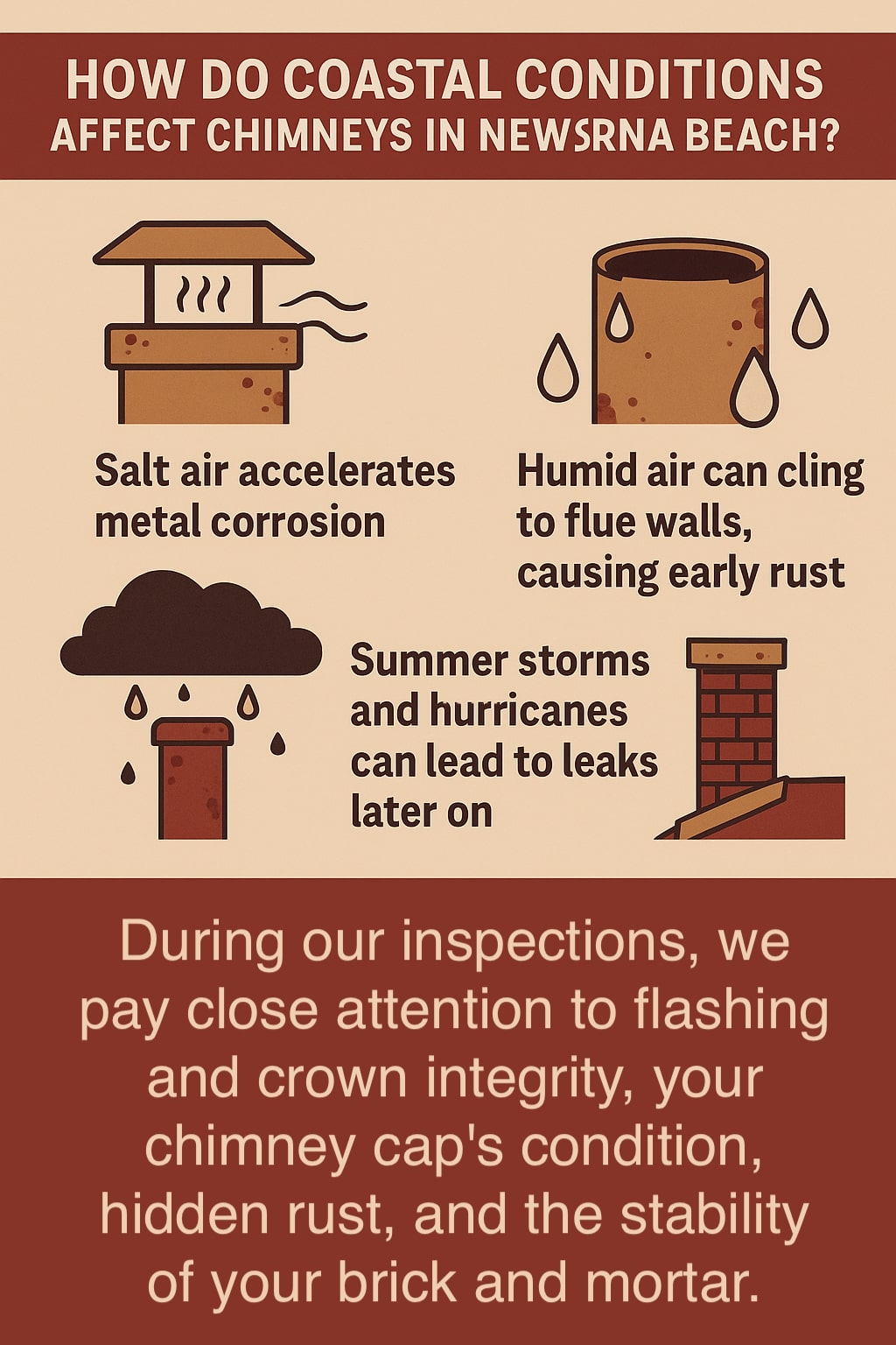 Original infographic showing how coastal conditions affect chimneys in New Smyrna Beach, using warm tan and deep red tones. The top section has the title “How Do Coastal Conditions Affect Chimneys in New Smyrna Beach?” in bold white and black text on a red banner. Below, three illustrated icons depict common issues: a rusting chimney cap with wavy air lines labeled “Salt air accelerates metal corrosion,” a rust-stained cylinder with water droplets labeled “Humid air can cling to flue walls, causing early rust,” and a chimney under a rain cloud labeled “Summer storms and hurricanes can lead to leaks later on.” The bottom section features white text on a dark red background reading, “During our inspections, we pay close attention to flashing and crown integrity, your chimney cap's condition, hidden rust, and the stability of your brick and mortar.”<br />
