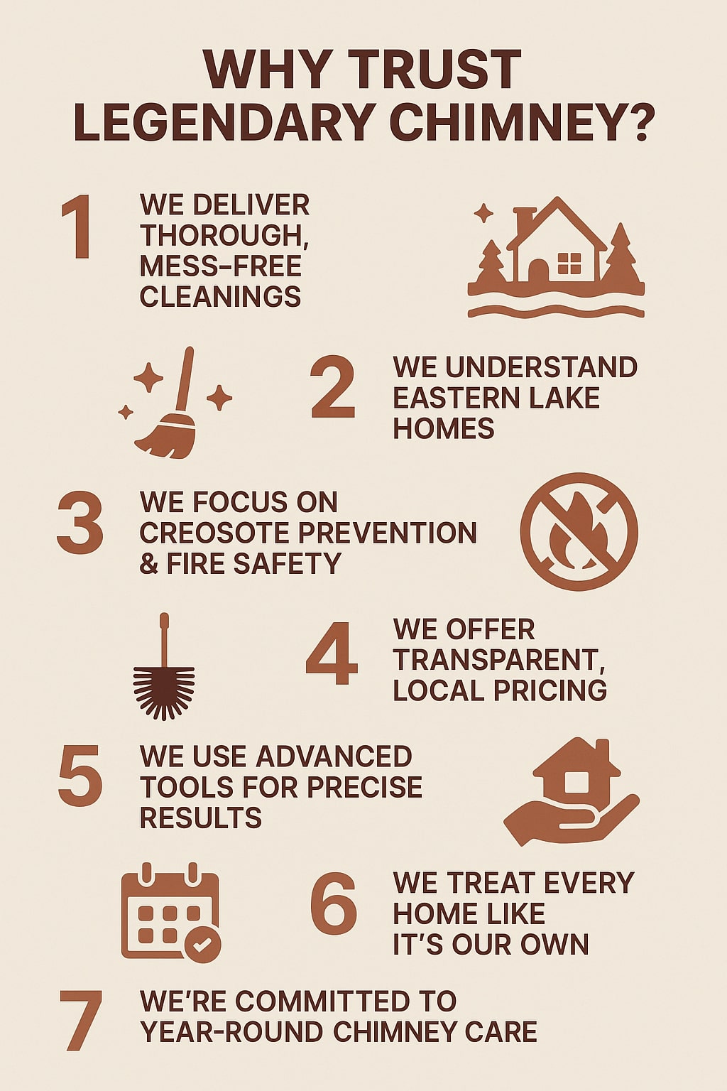 original infographic with a light beige background and brown text titled “Why Trust Legendary Chimney?” in bold uppercase letters at the top. Below the title are seven numbered reasons, each paired with a simple brown icon: 1 shows a broom and sparkles with text “We deliver thorough, mess-free cleanings,” 2 features a house and trees labeled “We understand Eastern Lake homes,” 3 has a fire crossed out with text “We focus on creosote prevention & fire safety,” 4 includes a circular chart icon reading “We offer transparent, local pricing,” 5 shows a chimney brush labeled “We use advanced tools for precise results,” 6 displays a hand holding a house with “We treat every home like it’s our own,” and 7 features a calendar icon beside “We’re committed to year-round chimney care.” The layout alternates between left and right alignment for each reason, creating a clean and balanced visual structure.