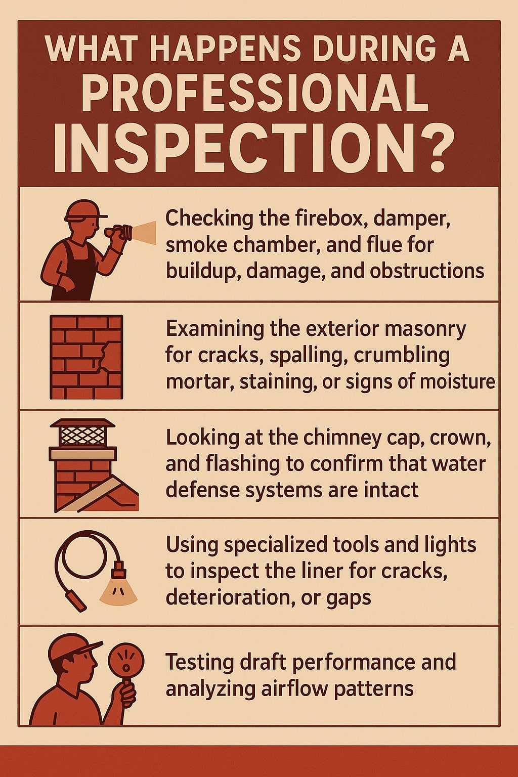 original infographic depicting a chimney inspection process with a warm beige and brown color palette, featuring bold dark brown header text reading “What Happens During a Professional Inspection?” followed by five illustrated sections each with an icon and descriptive text; the first section shows a stylized worker in profile using a flashlight with text about checking the firebox, damper, smoke chamber, and flue for buildup or damage; the second section includes a red brick wall icon with a crack and text about examining exterior masonry for cracks, spalling, crumbling mortar, staining, or moisture; the third section displays a chimney cap and flashing illustration above text about confirming water-defense systems; the fourth section shows a coiled inspection light tool paired with text about checking the liner for cracks, deterioration, or gaps; and the final section features a worker holding a handheld gauge beside text about testing draft performance and airflow patterns, all arranged in a clean boxed layout with simple flat graphic style.