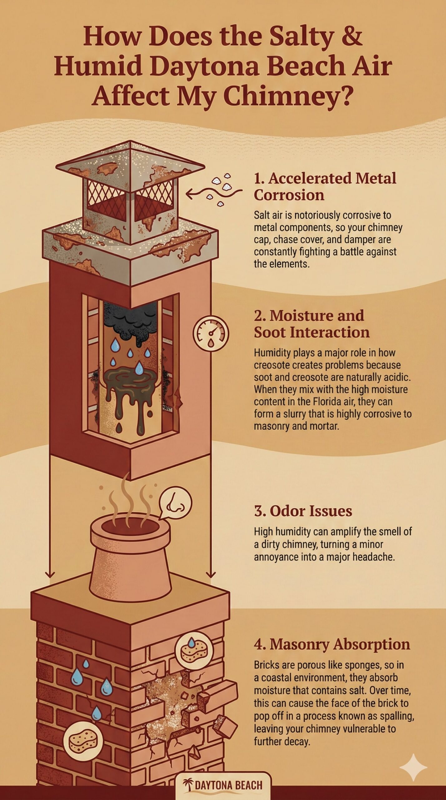 Original infographic titled "How Does the Salty & Humid Daytona Beach Air Affect My Chimney?" featuring a vertical layout with sandy beige and deep red color accents illustrating the damage coastal weather causes to chimneys. The graphic is divided into four sections accompanying a central illustration of a weathering chimney: first, "Accelerated Metal Corrosion" notes that salt air aggressively rusts caps, chase covers, and dampers; second, "Moisture and Soot Interaction" explains how humidity mixes with acidic soot to form a corrosive slurry that damages mortar; third, "Odor Issues" describes how damp air amplifies the smell of a dirty chimney; and fourth, "Masonry Absorption" compares bricks to sponges that absorb salty moisture, causing the brick faces to pop off in a process called spalling.