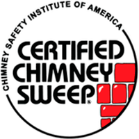 Circle logo that reads Chimney Safety Institute of America Certified Chimney Sweep in black letters with  drawing of red bricks in bottom right corner
