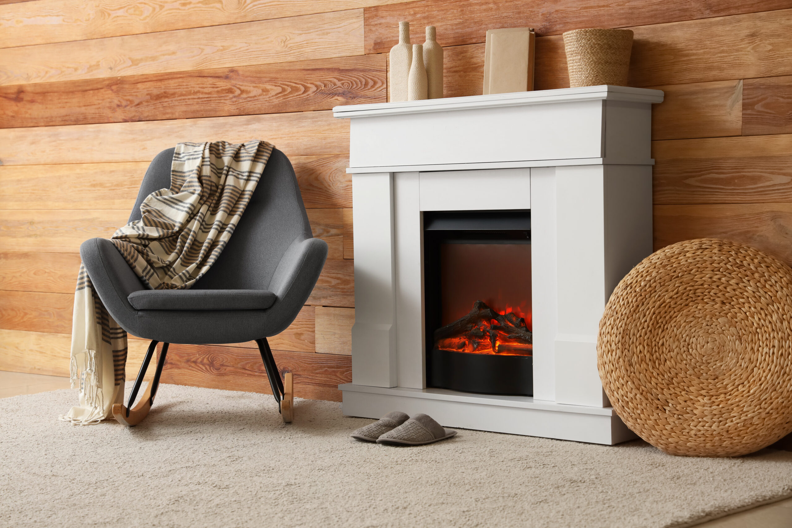 Adobe Stock image of an electric fireplace with a white surround.